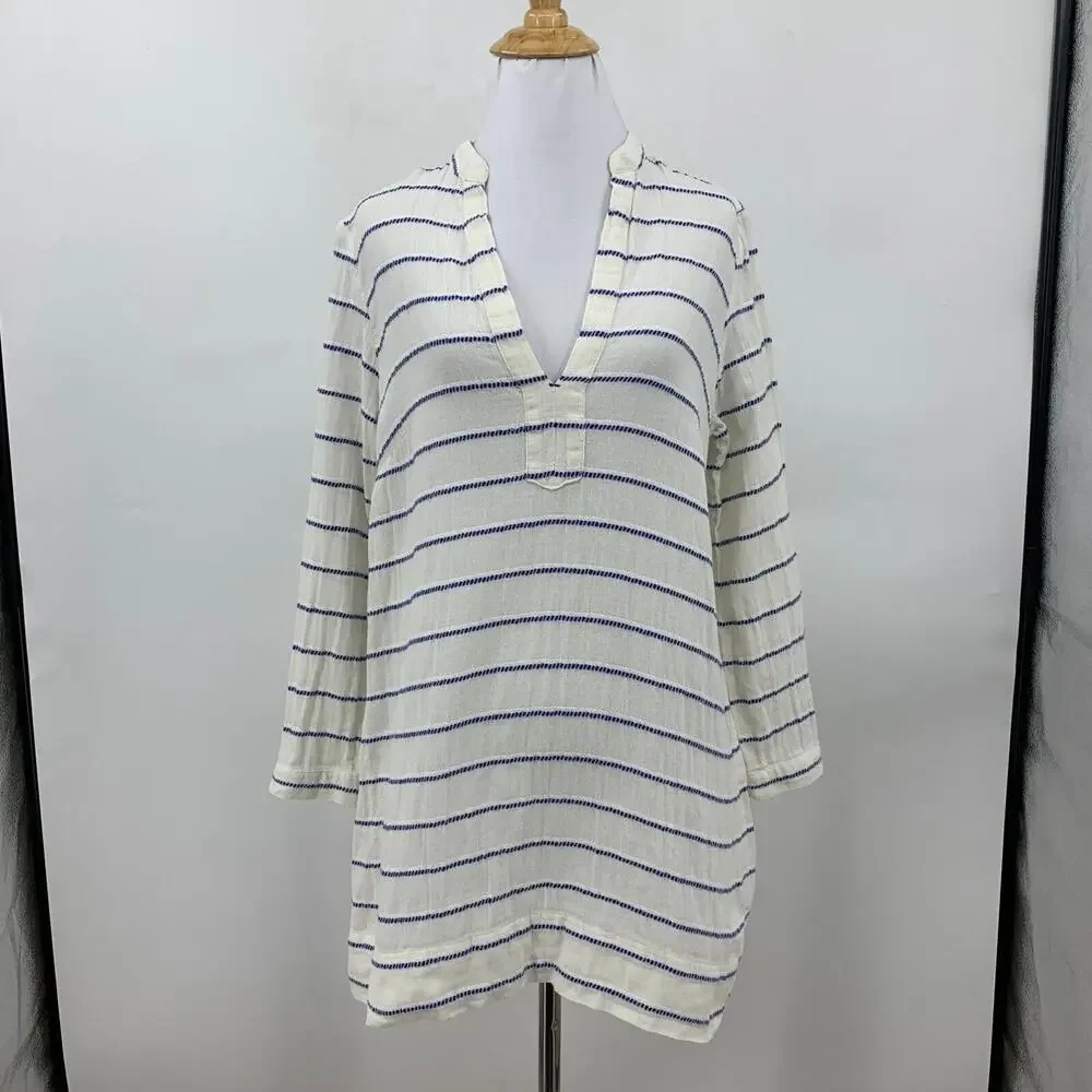 J Crew Striped Tunic Shirt Womens XS Extra Small Low Cut V Neck 3/4 Sleeves Top